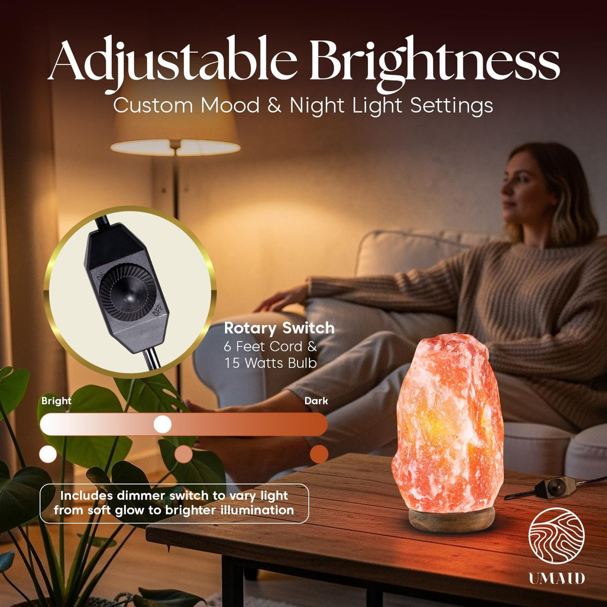 Himalayan Salt Lamp 8–10"(7–11 Lb) Dimmable Pink Rock Salt Lamp with Wooden Base & Night Light Bulb, Spa Decor for Meditation Room, Massage Stones Ambiance, Desk & Bedroom,Gifts for Men & Women