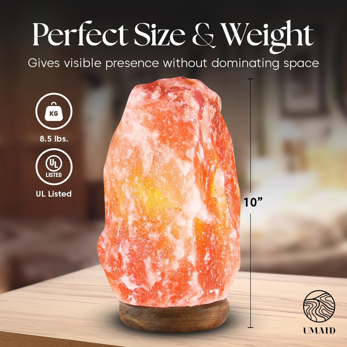 Himalayan Salt Lamp 8–10"(7–11 Lb) Dimmable Pink Rock Salt Lamp with Wooden Base & Night Light Bulb, Spa Decor for Meditation Room, Massage Stones Ambiance, Desk & Bedroom,Gifts for Men & Women