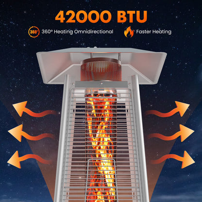 Pyramid Patio Heater, 42000 BTU Outdoor Patio Heater, 7.5 Feet LED Standing Heater with Cover and Wheels, Silver