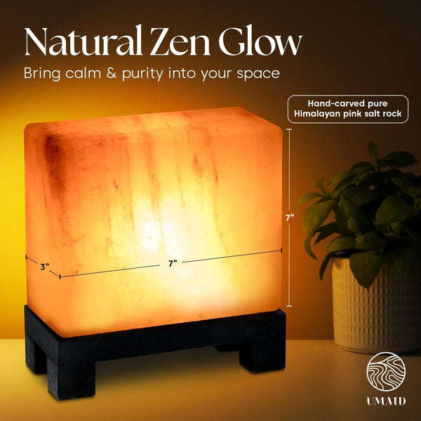 Himalayan Salt Lamp Rectangle, Natural Pink Rock Salt Lamp on Modern Wood Base with Night Light Bulb and Dimmable Cord, Spa Decor, Salt Massage Stones Ambiance, Meditation Accessories Decor Gift