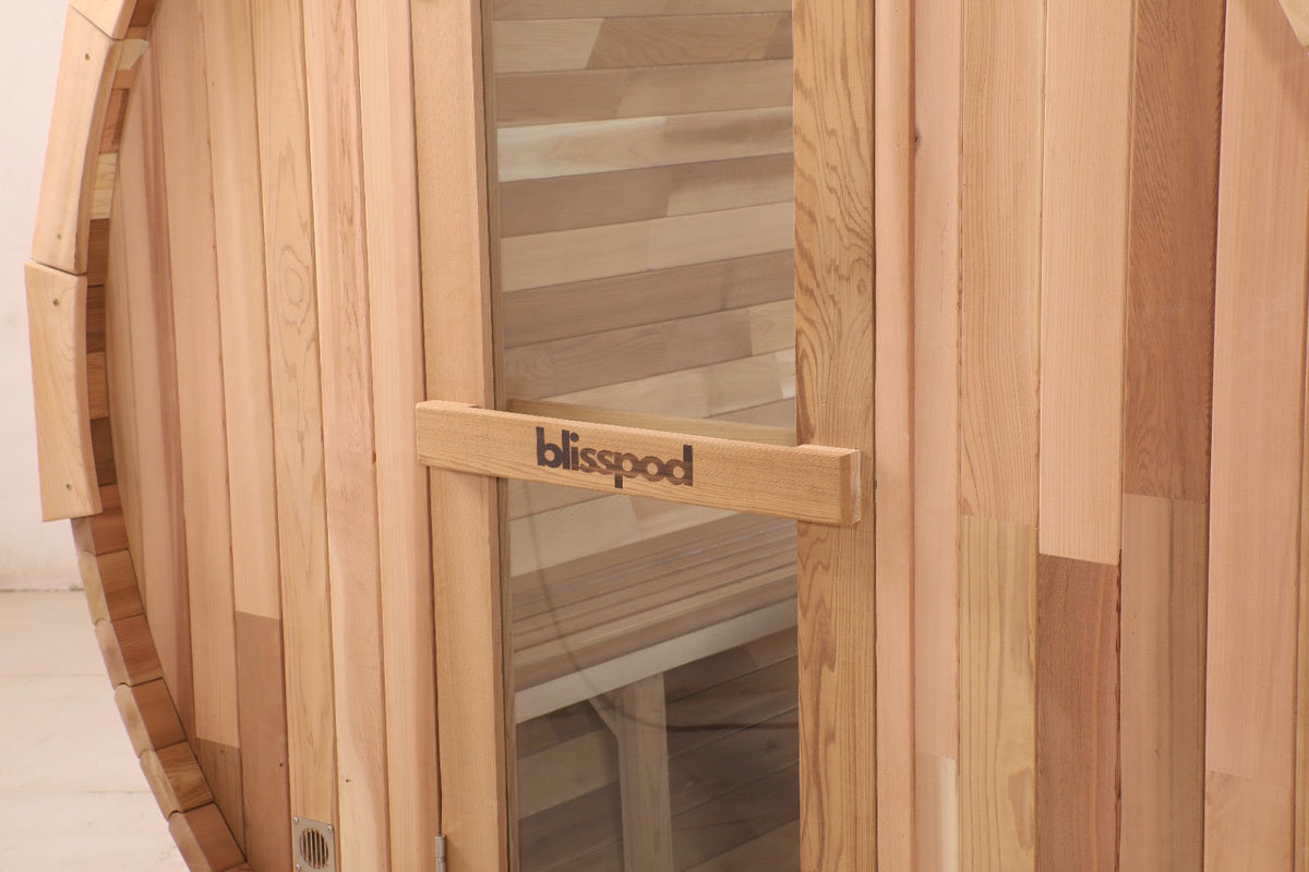 Blisspod Prague Outdoor Canadian Red Cedar Barrel Sauna with Full Glass Back