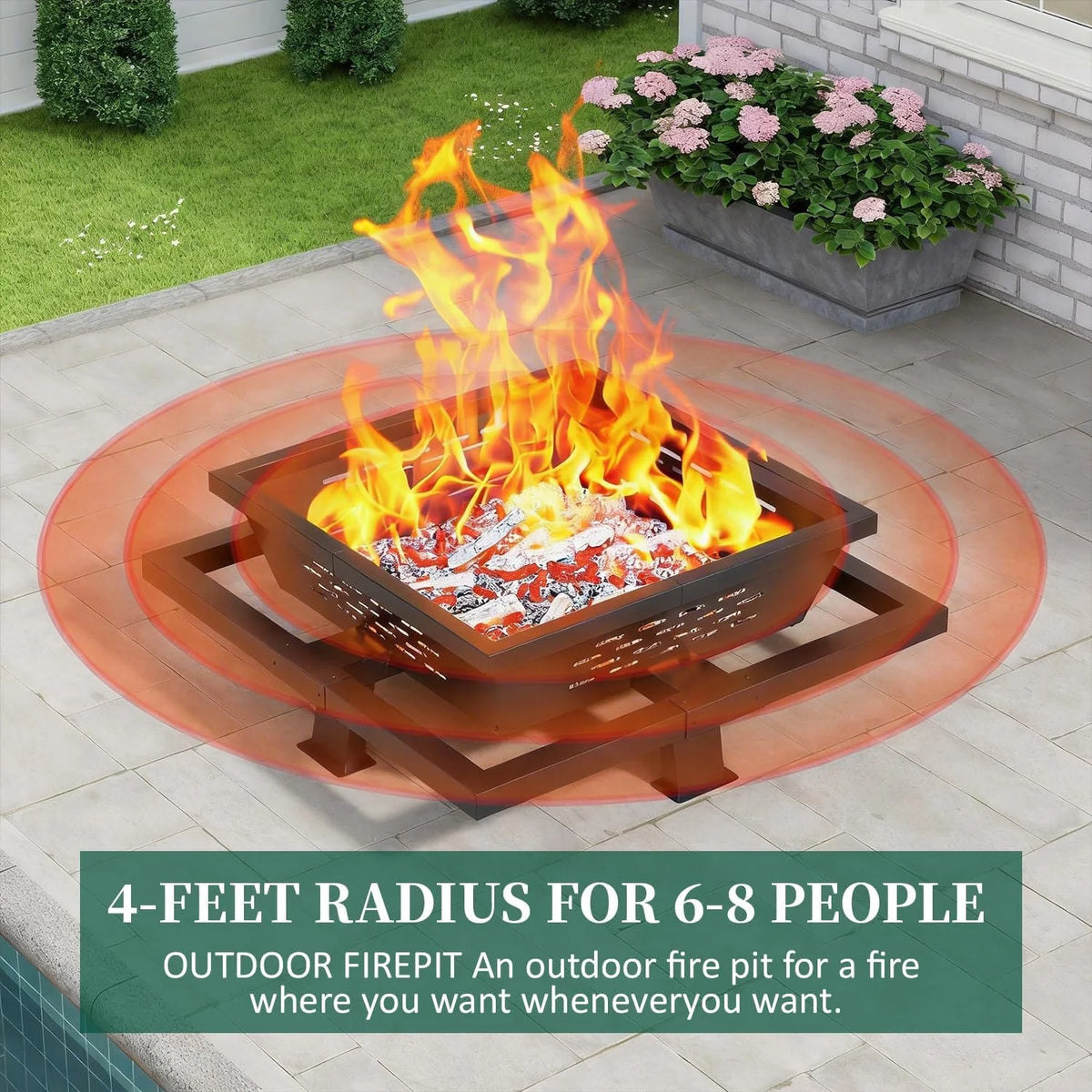 36" Square Fire Pit, Wood Burning Fire Pit with Poker for Patio, Backyard, Picnic, Camping, Black