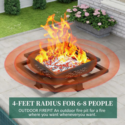 36" Square Fire Pit, Wood Burning Fire Pit with Poker for Patio, Backyard, Picnic, Camping, Black