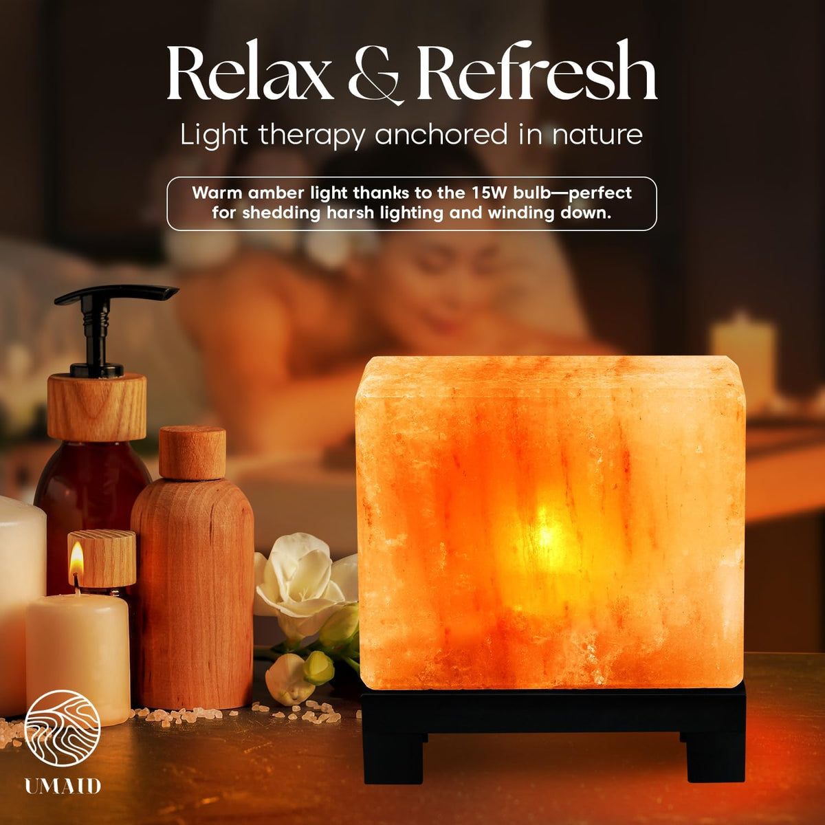 Himalayan Salt Lamp Rectangle, Natural Pink Rock Salt Lamp on Modern Wood Base with Night Light Bulb and Dimmable Cord, Spa Decor, Salt Massage Stones Ambiance, Meditation Accessories Decor Gift