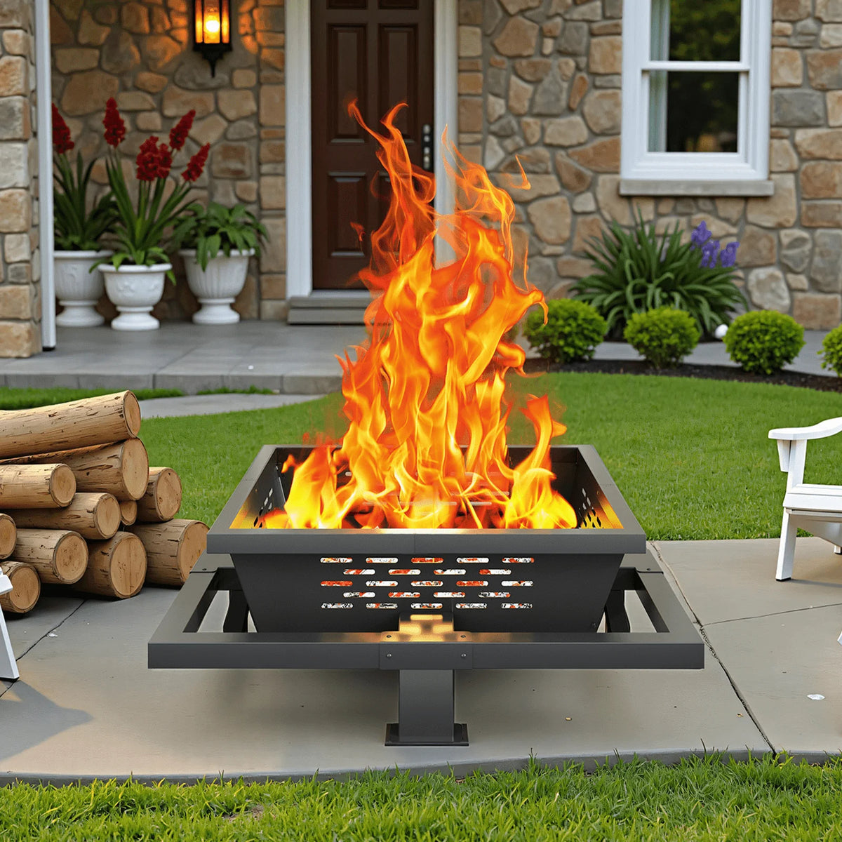 36" Square Fire Pit, Wood Burning Fire Pit with Poker for Patio, Backyard, Picnic, Camping, Black