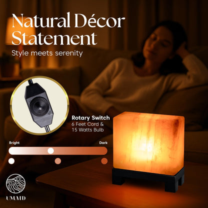 Himalayan Salt Lamp Rectangle, Natural Pink Rock Salt Lamp on Modern Wood Base with Night Light Bulb and Dimmable Cord, Spa Decor, Salt Massage Stones Ambiance, Meditation Accessories Decor Gift