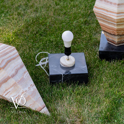 Sahara Onyx Bi-Pyramid Sculptural Lamp Pair – Natural Stone Lighting