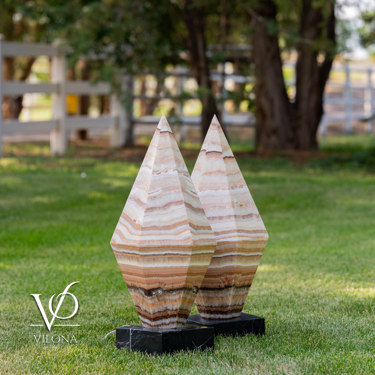 Sahara Onyx Bi-Pyramid Sculptural Lamp Pair – Natural Stone Lighting