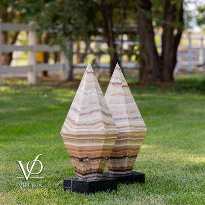 Sahara Onyx Bi-Pyramid Sculptural Lamp Pair – Natural Stone Lighting