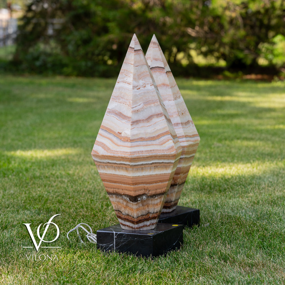 Sahara Onyx Bi-Pyramid Sculptural Lamp Pair – Natural Stone Lighting