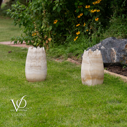 White Ice Onyx Crown Lamps - Sculptural Natural Stone Pair