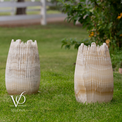 White Ice Onyx Crown Lamps - Sculptural Natural Stone Pair