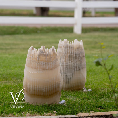 White Ice Onyx Crown Lamps - Sculptural Natural Stone Pair