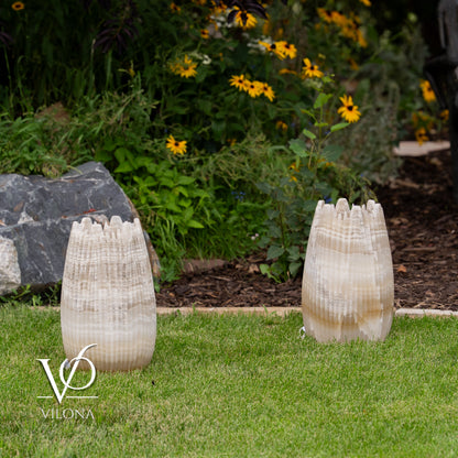 White Ice Onyx Crown Lamps - Sculptural Natural Stone Pair