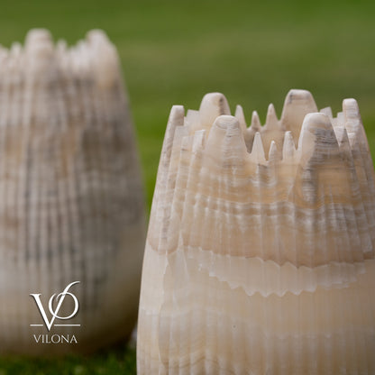 White Ice Onyx Crown Lamps - Sculptural Natural Stone Pair
