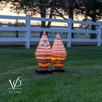 Sahara Onyx Bi-Pyramid Sculptural Lamp Pair – Natural Stone Lighting