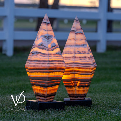 Sahara Onyx Bi-Pyramid Sculptural Lamp Pair – Natural Stone Lighting
