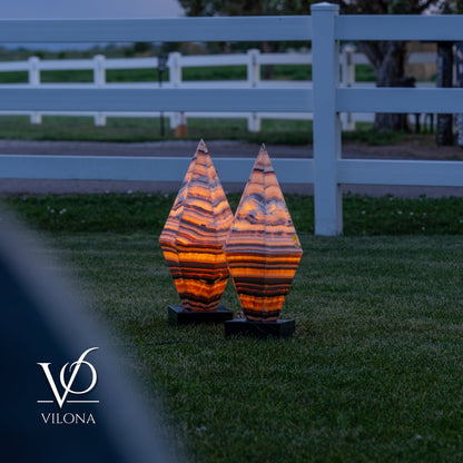 Sahara Onyx Bi-Pyramid Sculptural Lamp Pair – Natural Stone Lighting