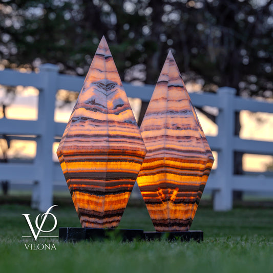 Sahara Onyx Bi-Pyramid Sculptural Lamp Pair – Natural Stone Lighting