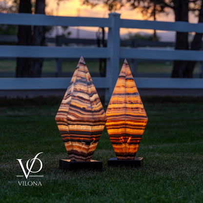 Sahara Onyx Bi-Pyramid Sculptural Lamp Pair – Natural Stone Lighting