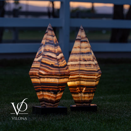 Sahara Onyx Bi-Pyramid Sculptural Lamp Pair – Natural Stone Lighting