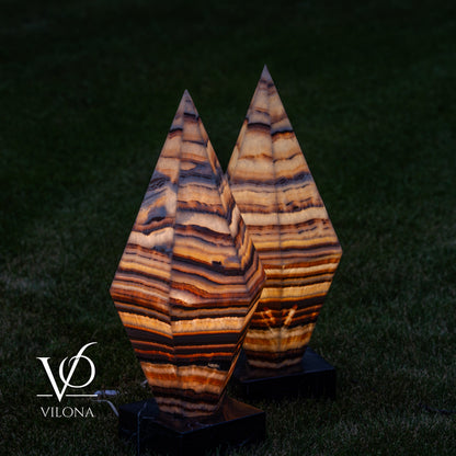 Sahara Onyx Bi-Pyramid Sculptural Lamp Pair – Natural Stone Lighting