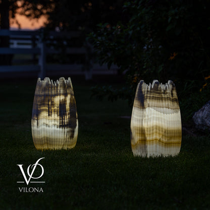 White Ice Onyx Crown Lamps - Sculptural Natural Stone Pair