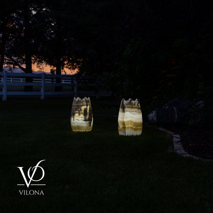 White Ice Onyx Crown Lamps - Sculptural Natural Stone Pair