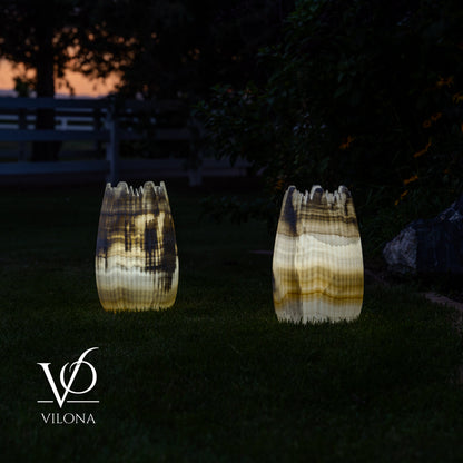 White Ice Onyx Crown Lamps - Sculptural Natural Stone Pair