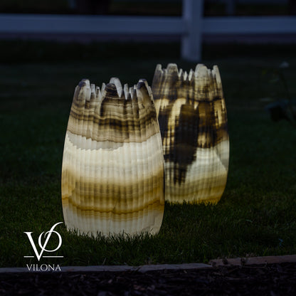 White Ice Onyx Crown Lamps - Sculptural Natural Stone Pair