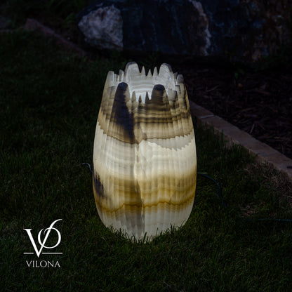 White Ice Onyx Crown Lamps - Sculptural Natural Stone Pair