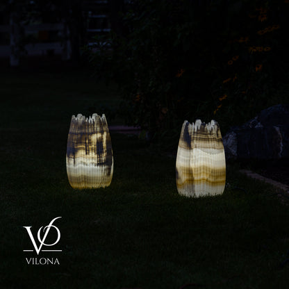 White Ice Onyx Crown Lamps - Sculptural Natural Stone Pair
