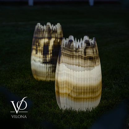 White Ice Onyx Crown Lamps - Sculptural Natural Stone Pair