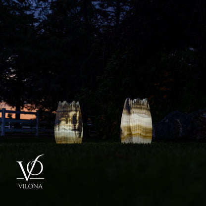 White Ice Onyx Crown Lamps - Sculptural Natural Stone Pair