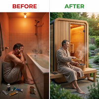Lennon 2-4 Person Traditional Cedar Outdoor Cube Sauna with Porch, Electric Sauna Heater, Sauna Rocks, Dry Heat, Steam Sauna, LED Lights, Wi-Fi Control, Sauna Accessories — Before & After