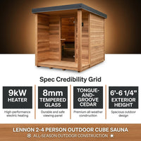 Lennon 2-4 Person Traditional Cedar Outdoor Cube Sauna with Porch, Electric Sauna Heater, Sauna Rocks, Dry Heat, Steam Sauna, LED Lights, Wi-Fi Control, Sauna Accessories — Results & Stats