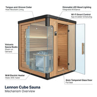Lennon 2-4 Person Traditional Cedar Outdoor Cube Sauna with Porch, Electric Sauna Heater, Sauna Rocks, Dry Heat, Steam Sauna, LED Lights, Wi-Fi Control, Sauna Accessories — How It Works