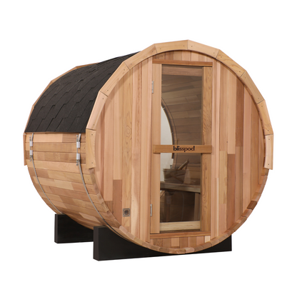 Blisspod Prague Outdoor Canadian Red Cedar Barrel Sauna with Full Glass Back