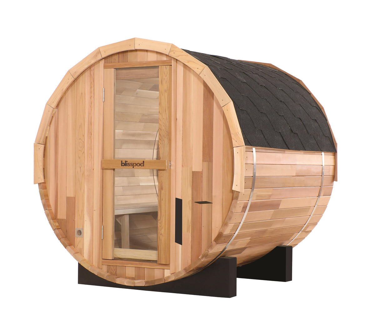 Blisspod Prague Outdoor Canadian Red Cedar Barrel Sauna with Full Glass Back