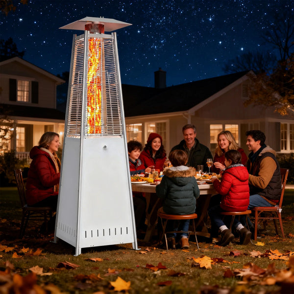 Pyramid Patio Heater, 42000 BTU Outdoor Patio Heater, 7.5 Feet LED Standing Heater with Cover and Wheels, Silver