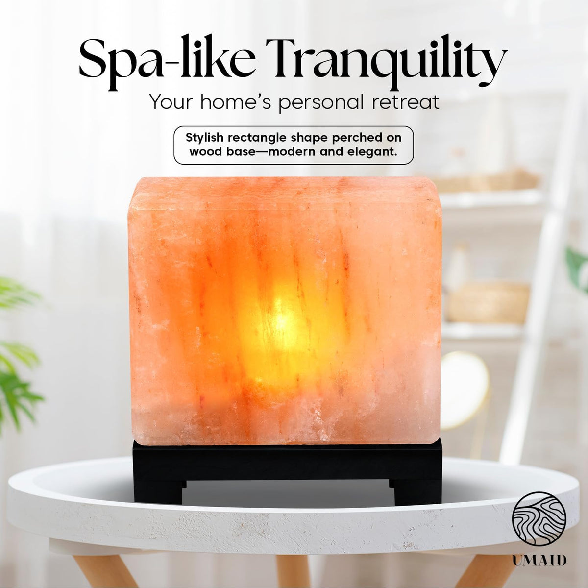 Himalayan Salt Lamp Rectangle, Natural Pink Rock Salt Lamp on Modern Wood Base with Night Light Bulb and Dimmable Cord, Spa Decor, Salt Massage Stones Ambiance, Meditation Accessories Decor Gift
