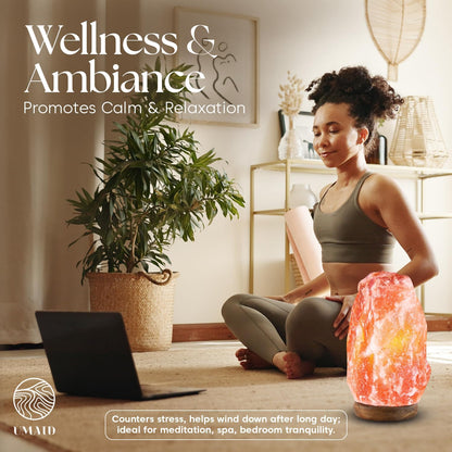 Himalayan Salt Lamp 8–10"(7–11 Lb) Dimmable Pink Rock Salt Lamp with Wooden Base & Night Light Bulb, Spa Decor for Meditation Room, Massage Stones Ambiance, Desk & Bedroom,Gifts for Men & Women