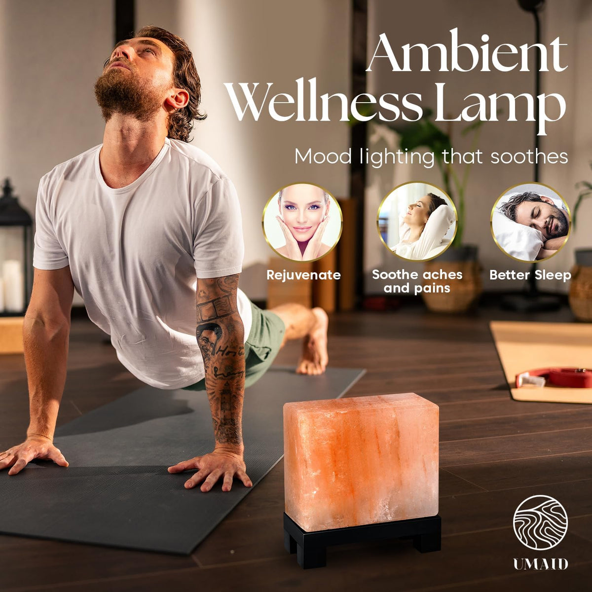 Himalayan Salt Lamp Rectangle, Natural Pink Rock Salt Lamp on Modern Wood Base with Night Light Bulb and Dimmable Cord, Spa Decor, Salt Massage Stones Ambiance, Meditation Accessories Decor Gift