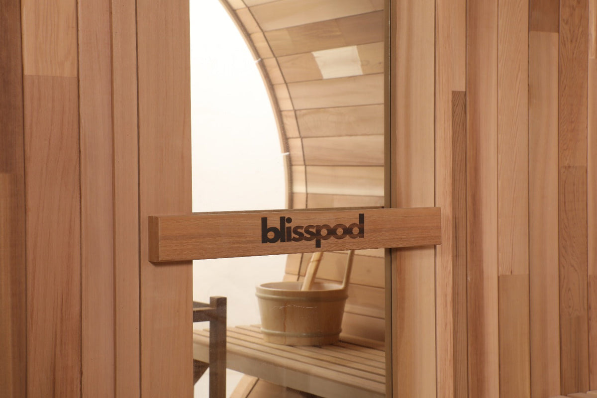 Blisspod Prague Outdoor Canadian Red Cedar Barrel Sauna with Full Glass Back