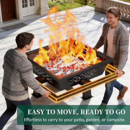 36" Square Fire Pit, Wood Burning Fire Pit with Poker for Patio, Backyard, Picnic, Camping, Black